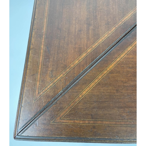 159 - EDWARDIAN ENVELOPE CARD TABLE, mahogany square form with green baize interior, sunken counter wells ... 