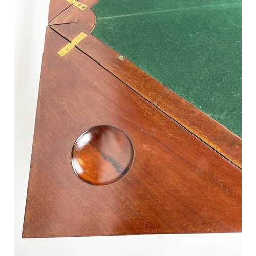 159 - EDWARDIAN ENVELOPE CARD TABLE, mahogany square form with green baize interior, sunken counter wells ... 