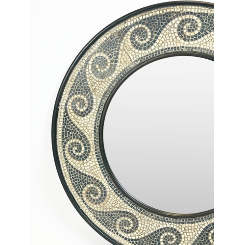 161 - HELENIC STYLE WALL MIRROR, mosaic wave design frame, 94cm diam.