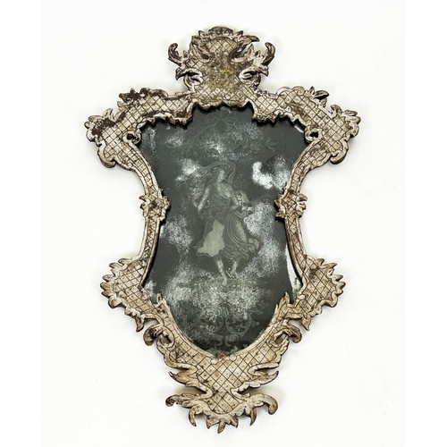 162 - WALL MIRROR, 63cm W x 99cm H 18th century Venetian of cartouche shaped outline with an etched plate ... 