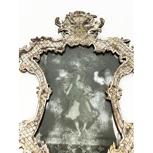 162 - WALL MIRROR, 63cm W x 99cm H 18th century Venetian of cartouche shaped outline with an etched plate ... 