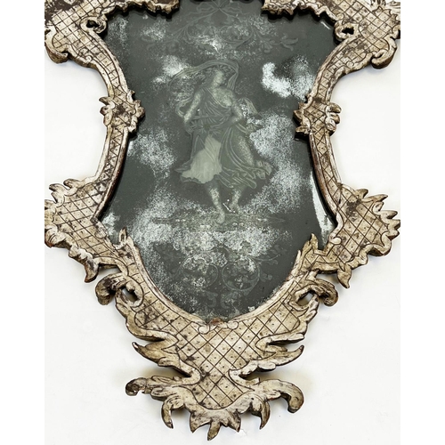 162 - WALL MIRROR, 63cm W x 99cm H 18th century Venetian of cartouche shaped outline with an etched plate ... 