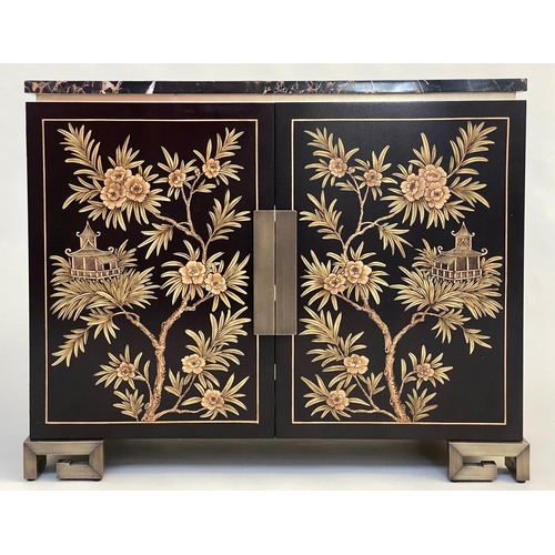 164 - CABINET, lacquered two door with gilt Chinoiserie painted decoration enclosing shelves by 'Restall B... 