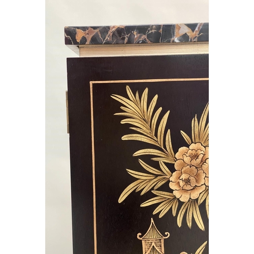 164 - CABINET, lacquered two door with gilt Chinoiserie painted decoration enclosing shelves by 'Restall B... 