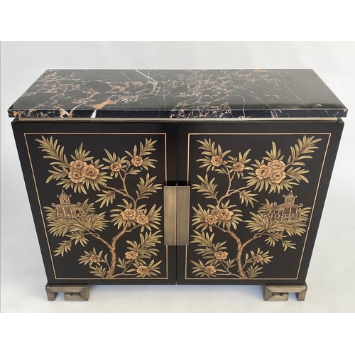 164 - CABINET, lacquered two door with gilt Chinoiserie painted decoration enclosing shelves by 'Restall B... 