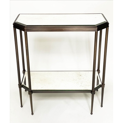 166 - CONSOLE TABLE, Art Deco style bronze, forged metal with two tier glass shelves and canted corners, 8... 