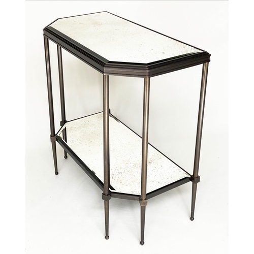 166 - CONSOLE TABLE, Art Deco style bronze, forged metal with two tier glass shelves and canted corners, 8... 