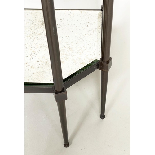 166 - CONSOLE TABLE, Art Deco style bronze, forged metal with two tier glass shelves and canted corners, 8... 