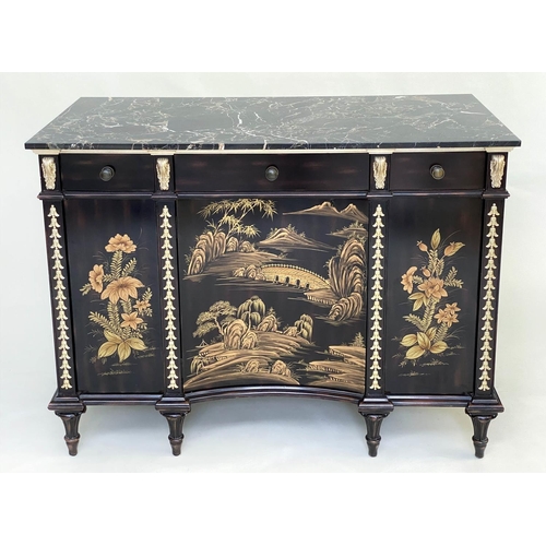 170 - BUFFET, black lacquered hand decorated Chinoiserie and gilt metal mounted with three drawers and con... 