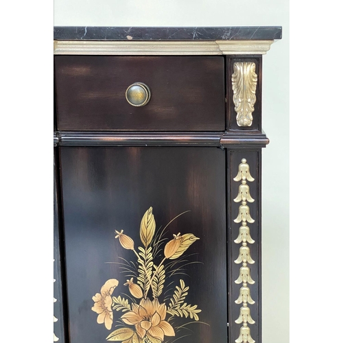 170 - BUFFET, black lacquered hand decorated Chinoiserie and gilt metal mounted with three drawers and con... 