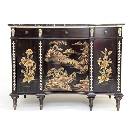 170 - BUFFET, black lacquered hand decorated Chinoiserie and gilt metal mounted with three drawers and con... 