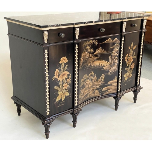 170 - BUFFET, black lacquered hand decorated Chinoiserie and gilt metal mounted with three drawers and con... 