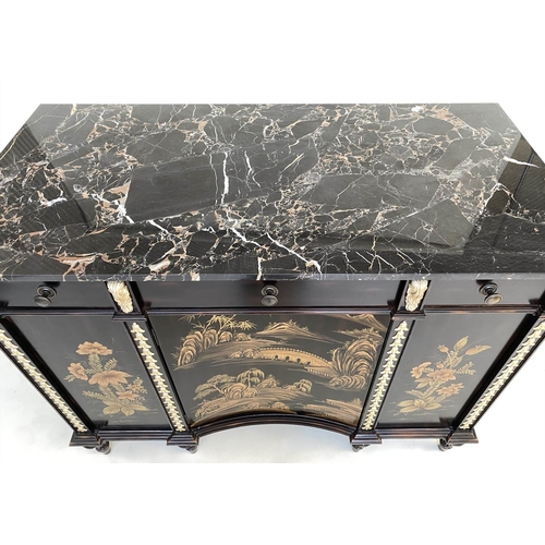 170 - BUFFET, black lacquered hand decorated Chinoiserie and gilt metal mounted with three drawers and con... 