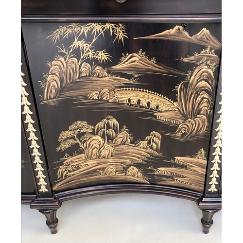 170 - BUFFET, black lacquered hand decorated Chinoiserie and gilt metal mounted with three drawers and con... 