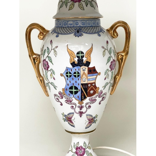 171 - TABLE LAMPS, a pair, urn shaped glazed ceramic each with armorial crest and twin gilded handles with... 