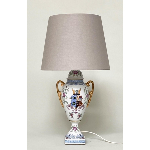 171 - TABLE LAMPS, a pair, urn shaped glazed ceramic each with armorial crest and twin gilded handles with... 