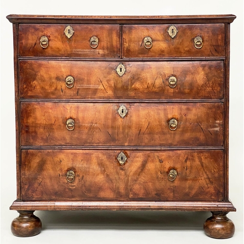 174 - CHEST, early 18th century English Queen Anne figured walnut and crossbanded with two short and three... 