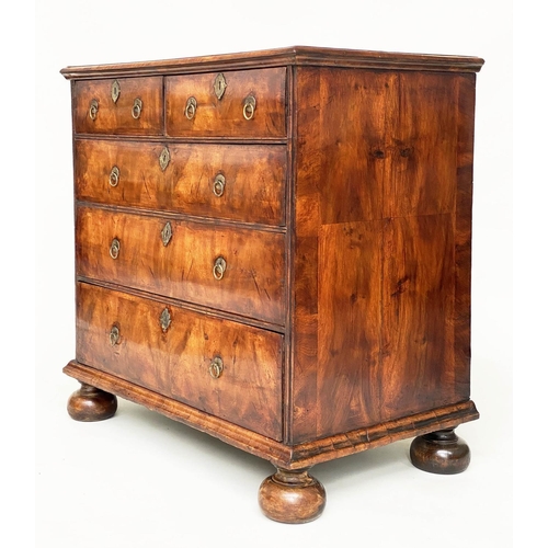 174 - CHEST, early 18th century English Queen Anne figured walnut and crossbanded with two short and three... 