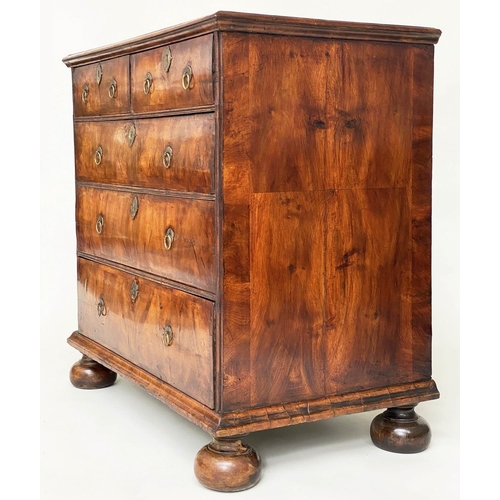 174 - CHEST, early 18th century English Queen Anne figured walnut and crossbanded with two short and three... 