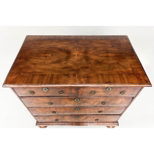 174 - CHEST, early 18th century English Queen Anne figured walnut and crossbanded with two short and three... 