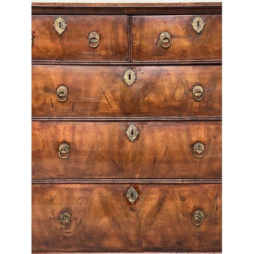 174 - CHEST, early 18th century English Queen Anne figured walnut and crossbanded with two short and three... 