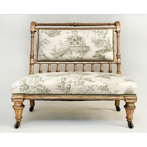 175 - BANQUETTE, 19th century giltwood with green Chinese toile printed upholstery with turned fluted supp... 