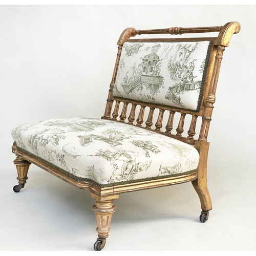 175 - BANQUETTE, 19th century giltwood with green Chinese toile printed upholstery with turned fluted supp... 