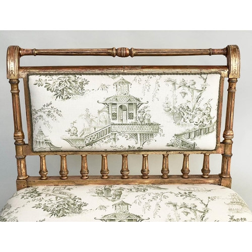 175 - BANQUETTE, 19th century giltwood with green Chinese toile printed upholstery with turned fluted supp... 