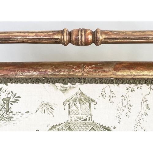 175 - BANQUETTE, 19th century giltwood with green Chinese toile printed upholstery with turned fluted supp... 