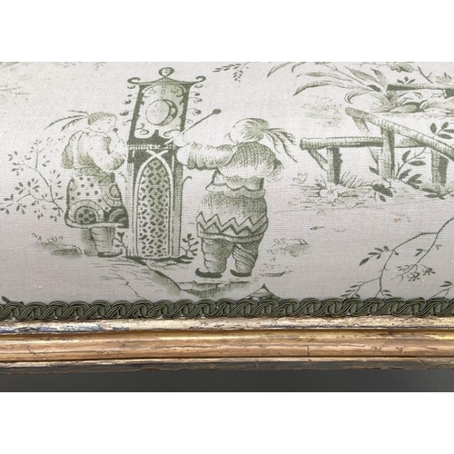 175 - BANQUETTE, 19th century giltwood with green Chinese toile printed upholstery with turned fluted supp... 