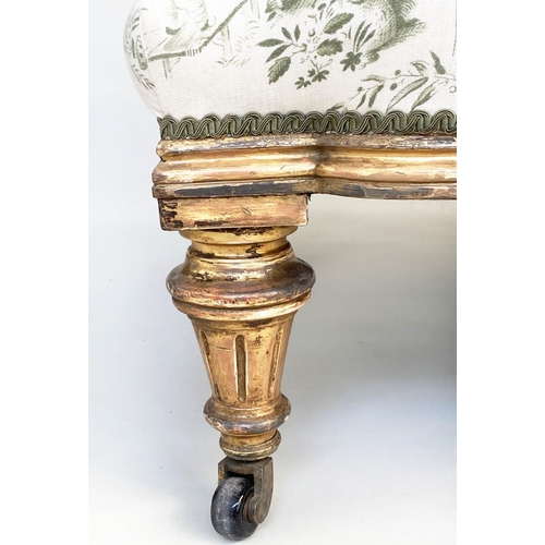 175 - BANQUETTE, 19th century giltwood with green Chinese toile printed upholstery with turned fluted supp... 