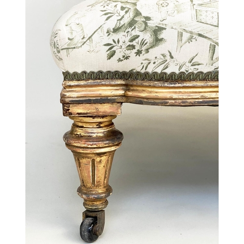 175 - BANQUETTE, 19th century giltwood with green Chinese toile printed upholstery with turned fluted supp... 