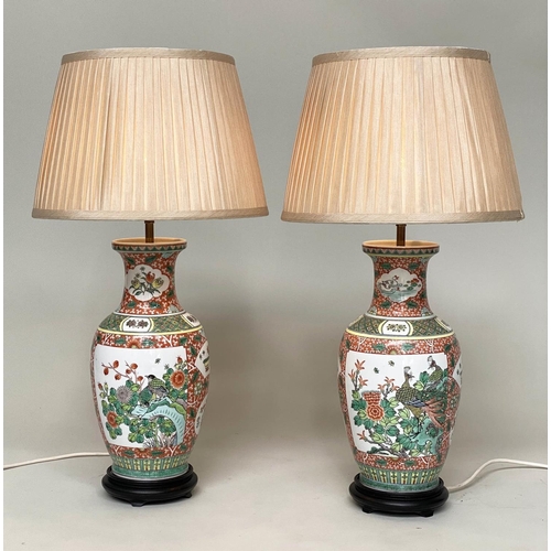 177 - TABLE LAMPS, a pair, Chinese ceramic famille verte vase form with pierced bases with shades, 75cm H.... 