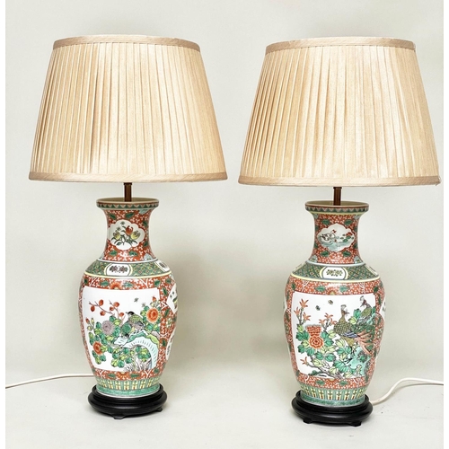 177 - TABLE LAMPS, a pair, Chinese ceramic famille verte vase form with pierced bases with shades, 75cm H.... 