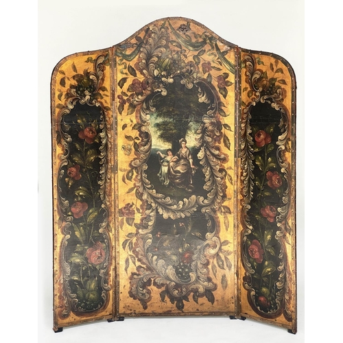 179 - SCREEN, 19th century Continental painted leather and brass studded three fold garlanded panels of fi... 