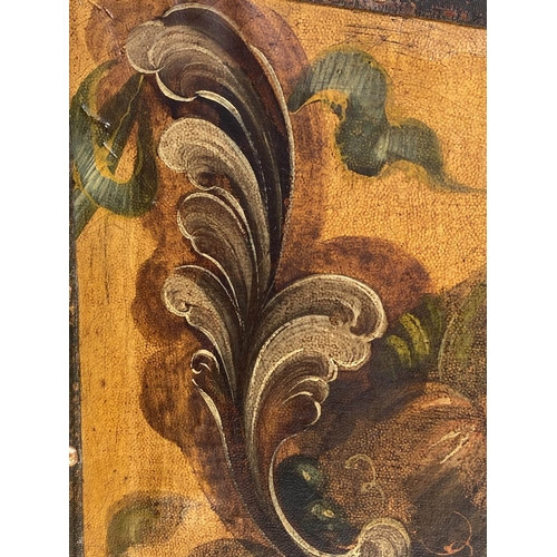 179 - SCREEN, 19th century Continental painted leather and brass studded three fold garlanded panels of fi... 