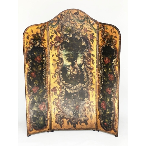 179 - SCREEN, 19th century Continental painted leather and brass studded three fold garlanded panels of fi... 