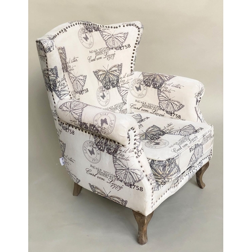 181 - WING ARMCHAIR, studded toile printed cotton upholstered with cushion, 77cm x 76cm x 87cm H.