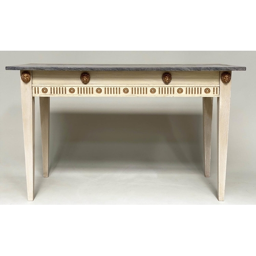 182 - CONSOLE TABLE, Regency style grey painted and parcel gilt with lion mask frieze, 129cm x 56cm x 76cm... 