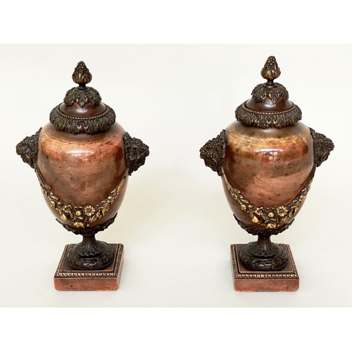 184 - JASPER URNS, a pair, 19th century gilt bronze mounted with finials, fixed top covers and swags, 29cm... 