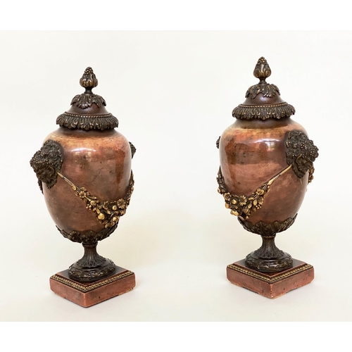 184 - JASPER URNS, a pair, 19th century gilt bronze mounted with finials, fixed top covers and swags, 29cm... 