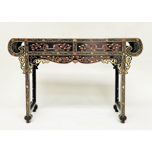 185 - ALTAR TABLE/HALL TABLE, Chinese lacquered and polychrome decorated with scroll top and two frieze dr... 