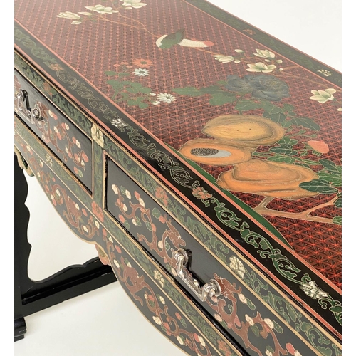 185 - ALTAR TABLE/HALL TABLE, Chinese lacquered and polychrome decorated with scroll top and two frieze dr... 