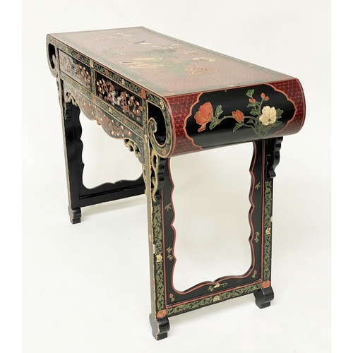 185 - ALTAR TABLE/HALL TABLE, Chinese lacquered and polychrome decorated with scroll top and two frieze dr... 