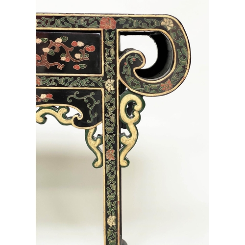 185 - ALTAR TABLE/HALL TABLE, Chinese lacquered and polychrome decorated with scroll top and two frieze dr... 