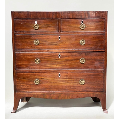 187 - HALL CHEST, Regency figured mahogany of adapted shallow proportions with two short and three long dr... 