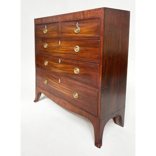 187 - HALL CHEST, Regency figured mahogany of adapted shallow proportions with two short and three long dr... 