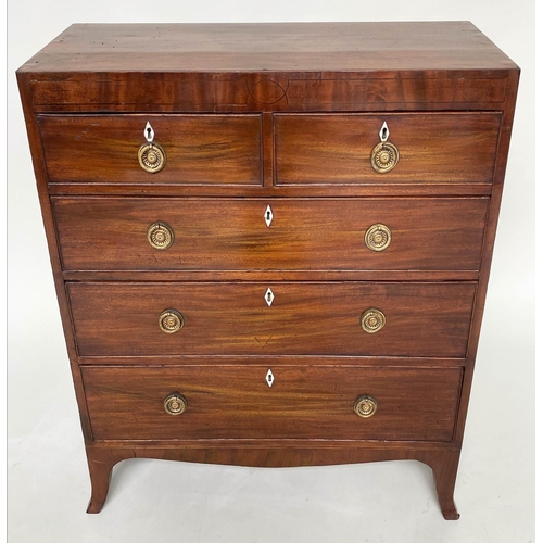 187 - HALL CHEST, Regency figured mahogany of adapted shallow proportions with two short and three long dr... 