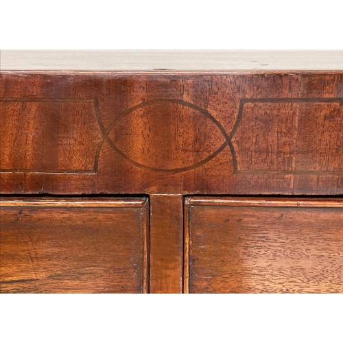 187 - HALL CHEST, Regency figured mahogany of adapted shallow proportions with two short and three long dr... 