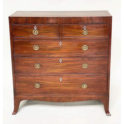 187 - HALL CHEST, Regency figured mahogany of adapted shallow proportions with two short and three long dr... 